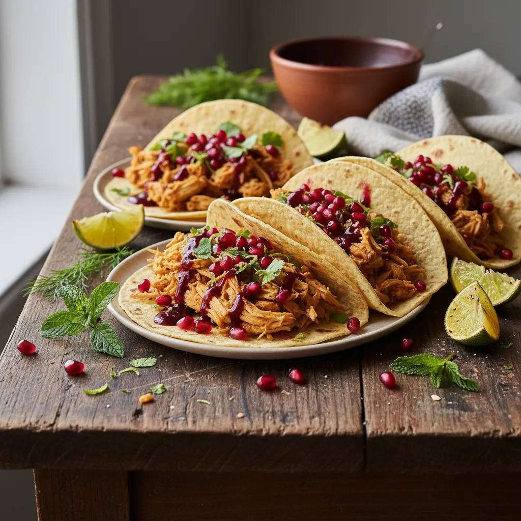 Savory Jackfruit and Citrus Herb Tacos with Pomegranate Drizzle