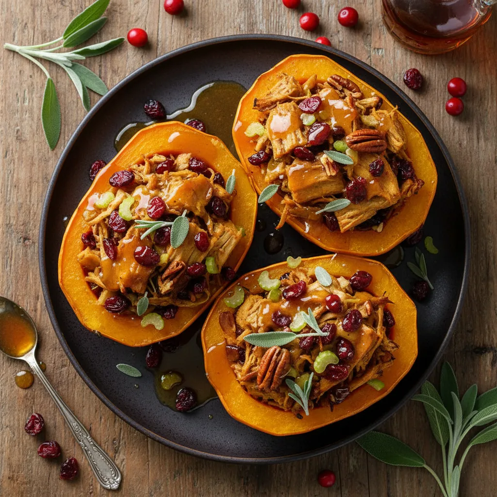Savory Jackfruit and Cranberry Stuffed Acorn Squash with Maple Sage Glaze