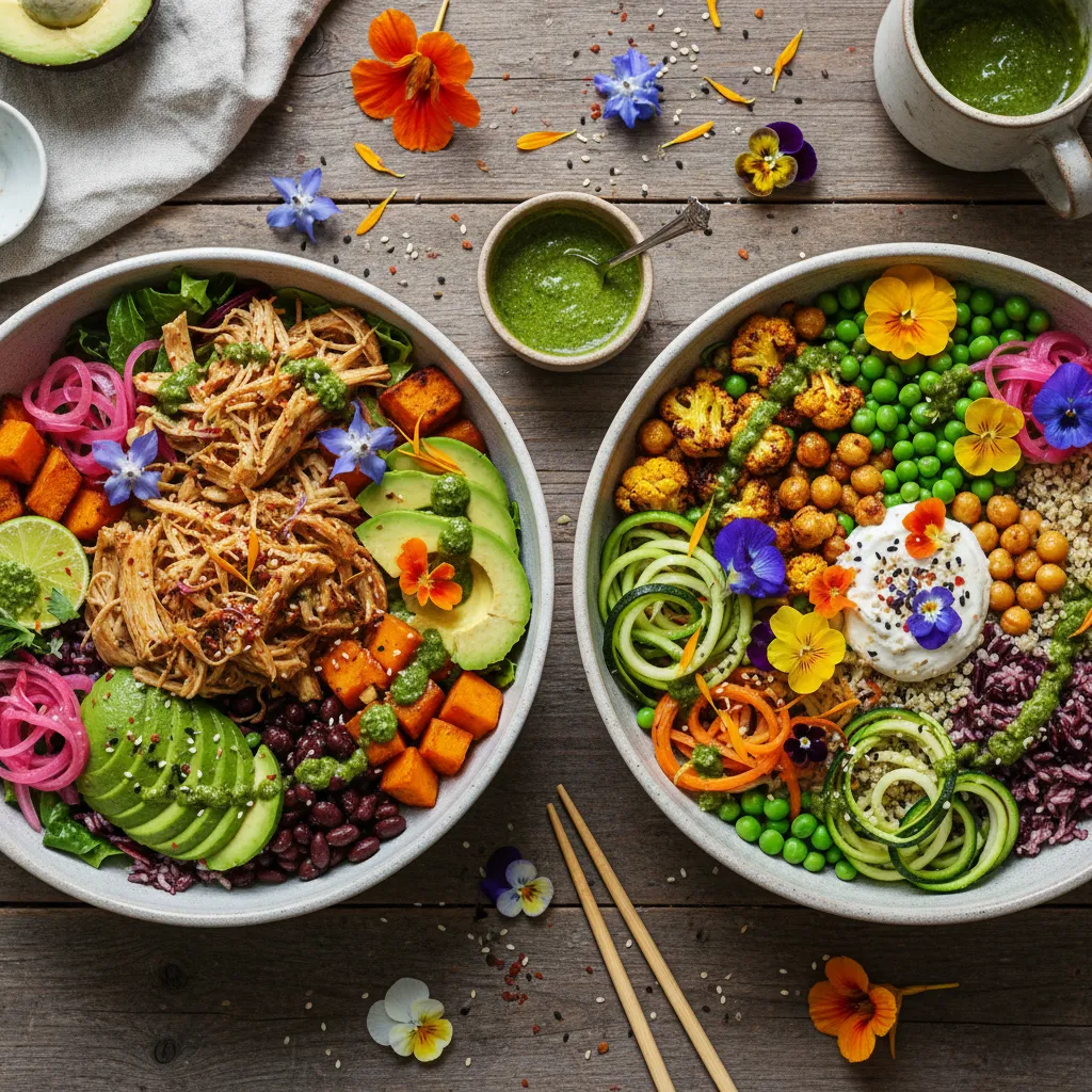 Savory Jackfruit and Edible Flower Buddha Bowls