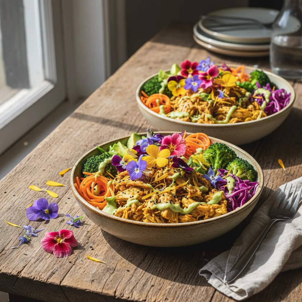 Savory Jackfruit and Edible Flower Buddha Bowls