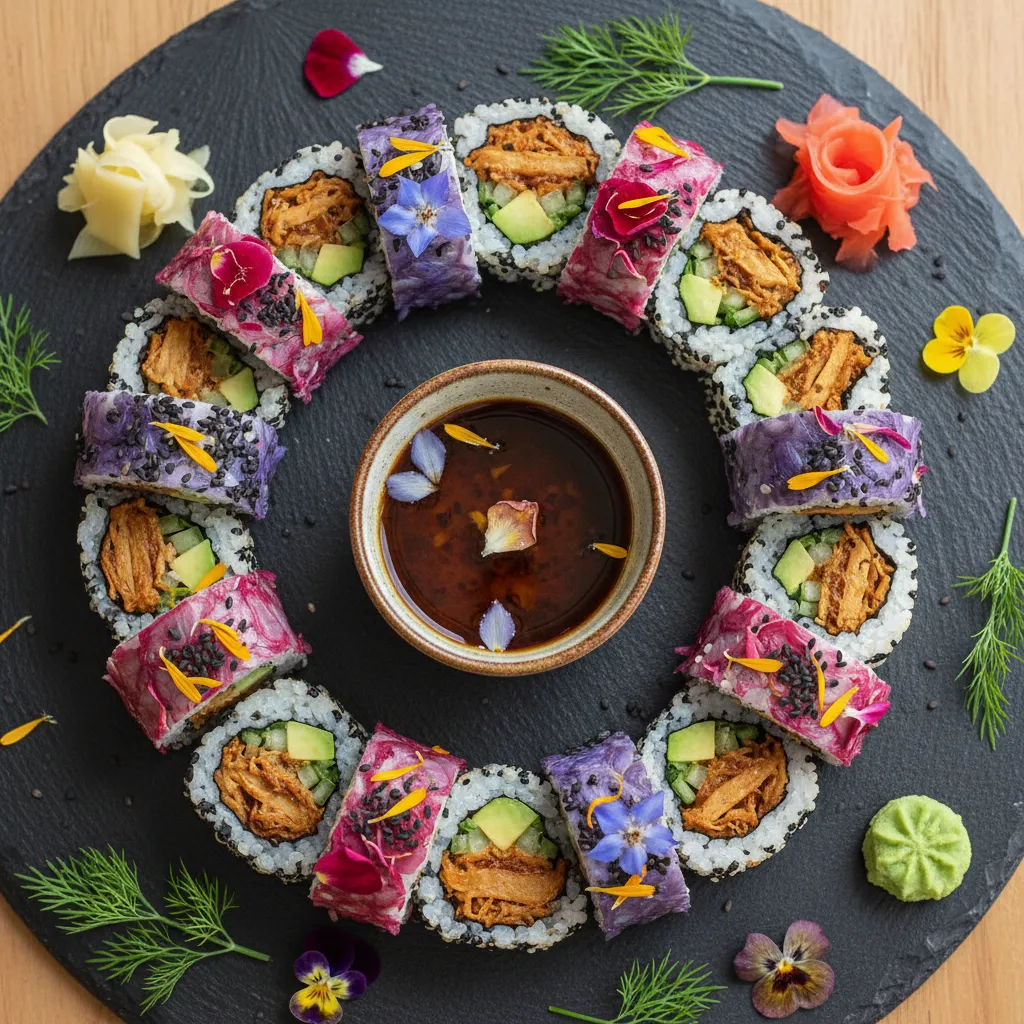Savory Jackfruit and Edible Flower Quinoa Sushi Rolls
