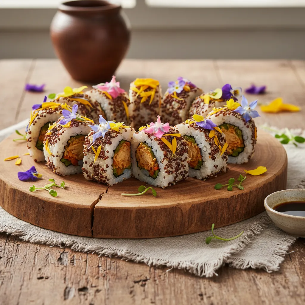 Savory Jackfruit and Edible Flower Quinoa Sushi Rolls