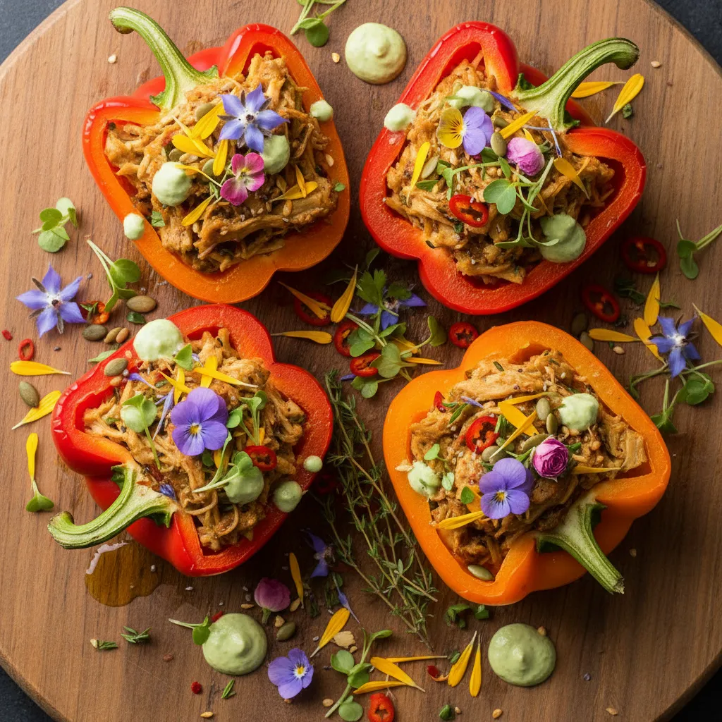Savory Jackfruit and Edible Flower Stuffed Bell Peppers