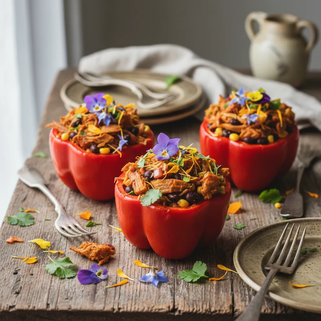 Savory Jackfruit and Edible Flower Stuffed Bell Peppers