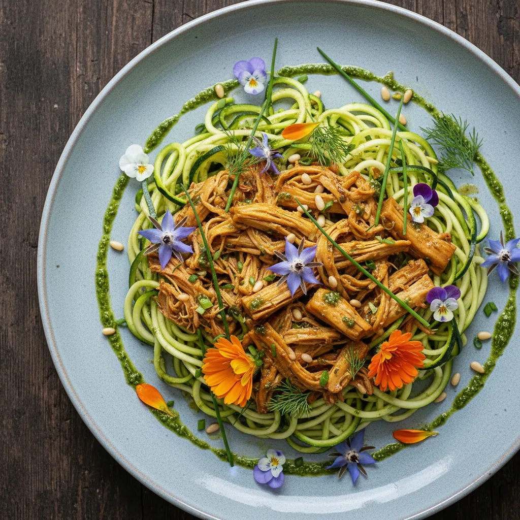 Savory Jackfruit and Edible Flower Stuffed Zucchini Noodles