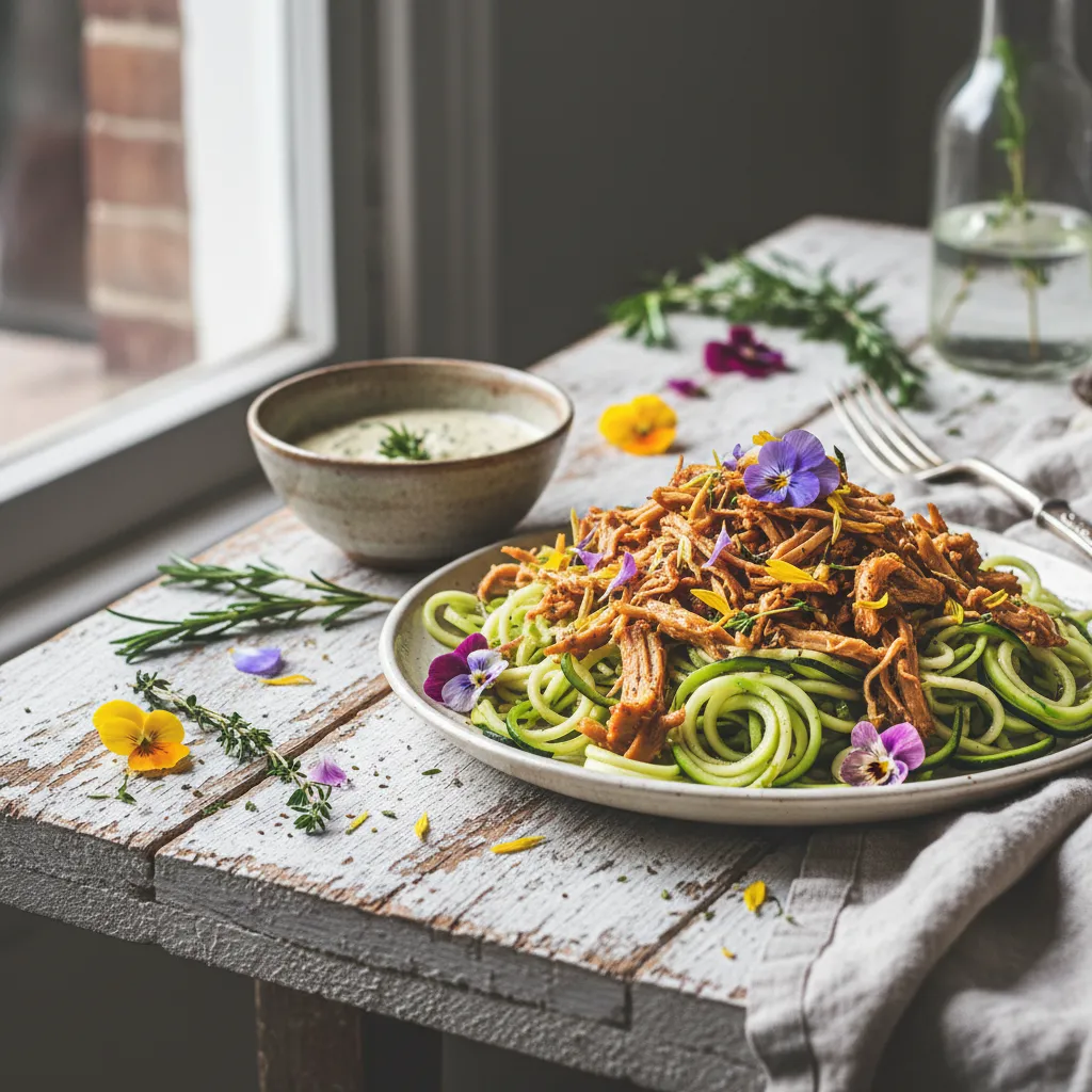 Savory Jackfruit and Edible Flower Stuffed Zucchini Noodles