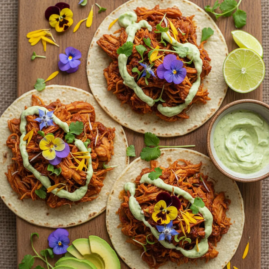 Savory Jackfruit and Edible Flower Tacos with Avocado Lime Cream