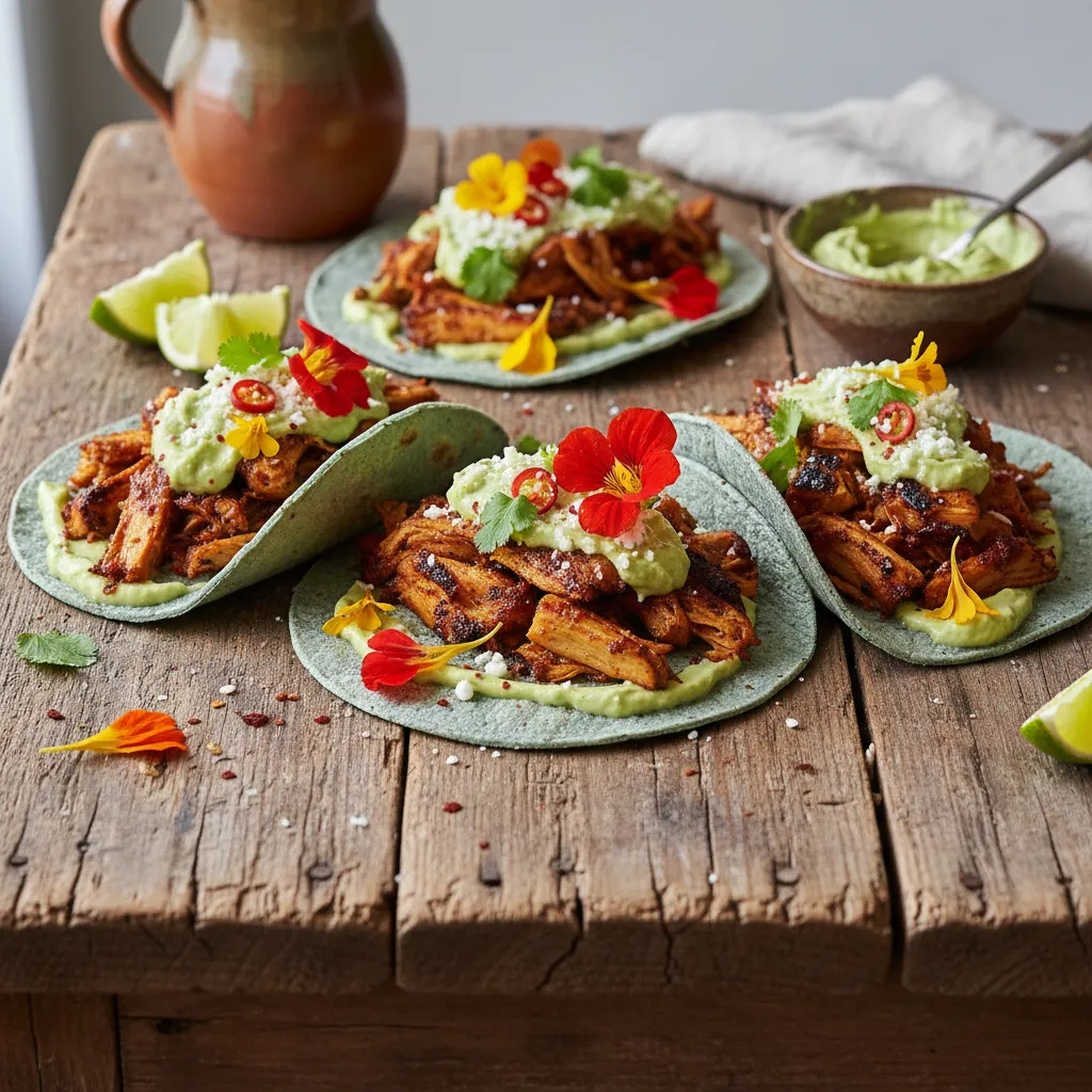 Savory Jackfruit and Edible Flower Tacos with Avocado Lime Cream