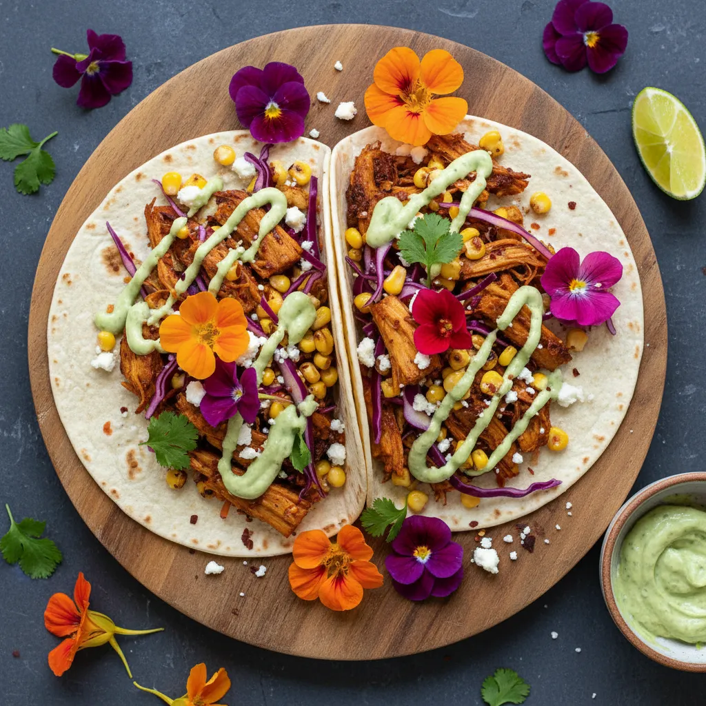 Savory Jackfruit and Edible Flower Tacos with Avocado Lime Sauce