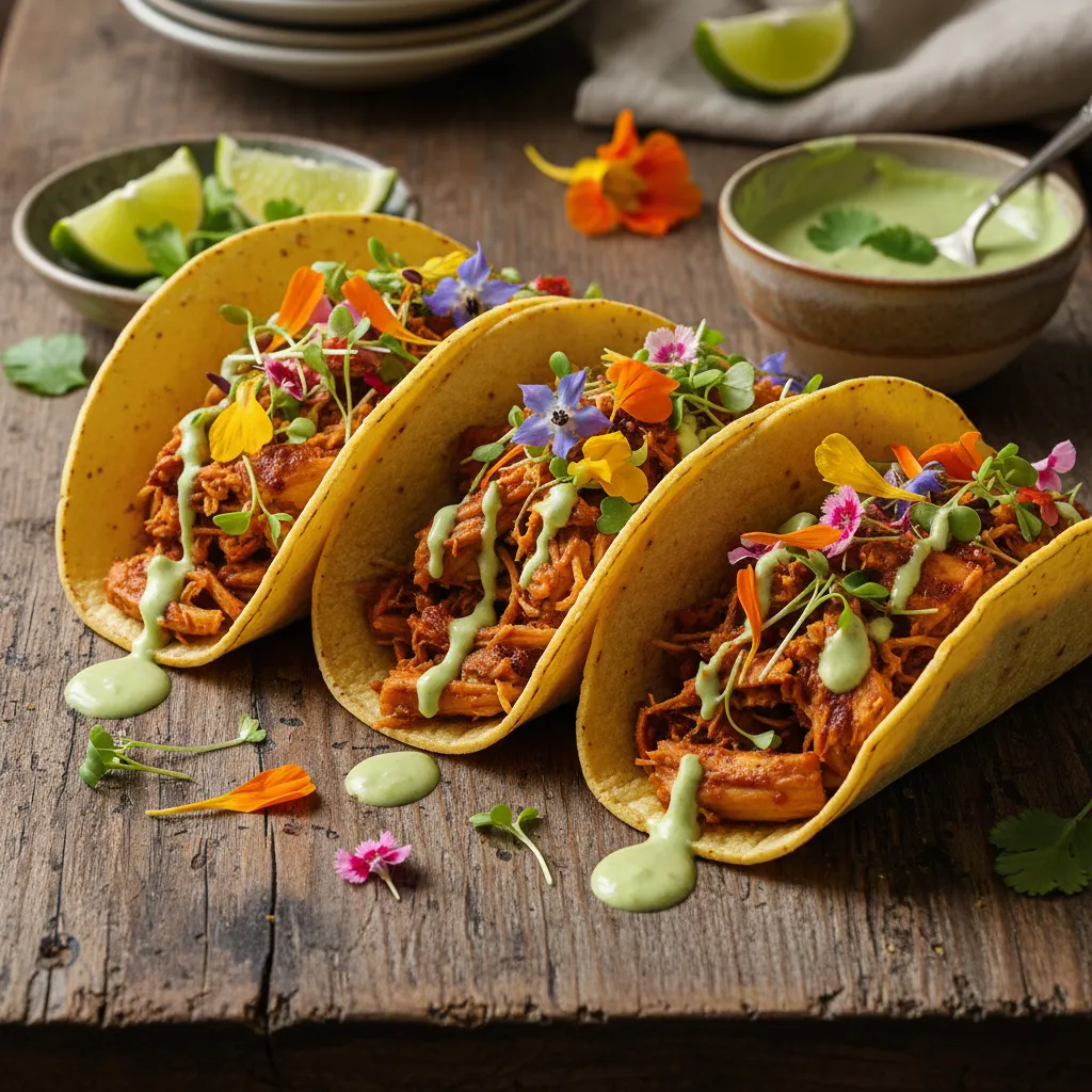 Savory Jackfruit and Edible Flower Tacos with Avocado Lime Sauce