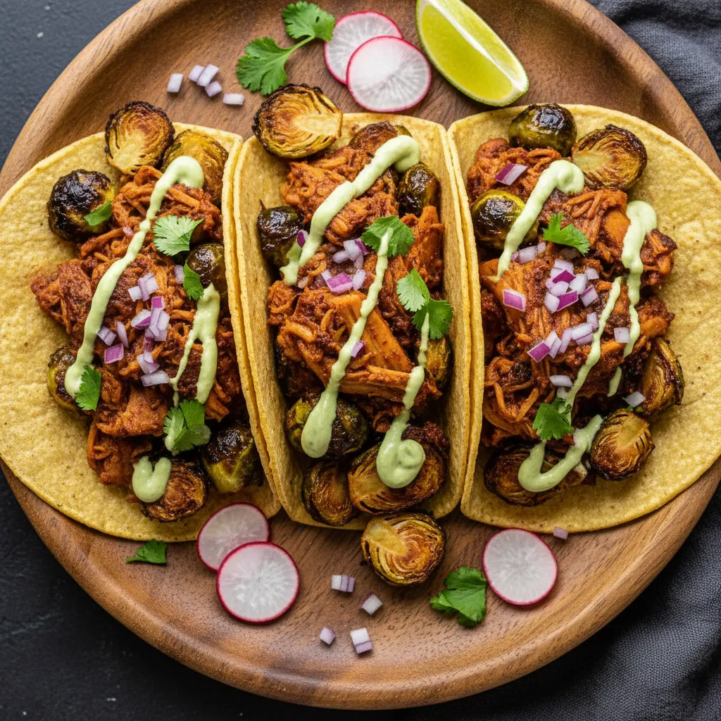 Savory Jackfruit and Maple Glazed Brussels Sprouts Tacos with Avocado Lime Sauce