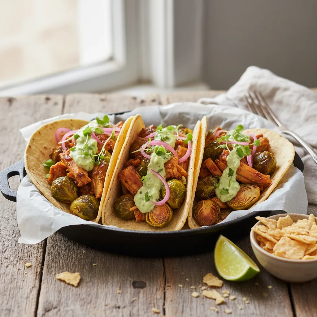 Savory Jackfruit and Maple Glazed Brussels Sprouts Tacos with Avocado Lime Sauce