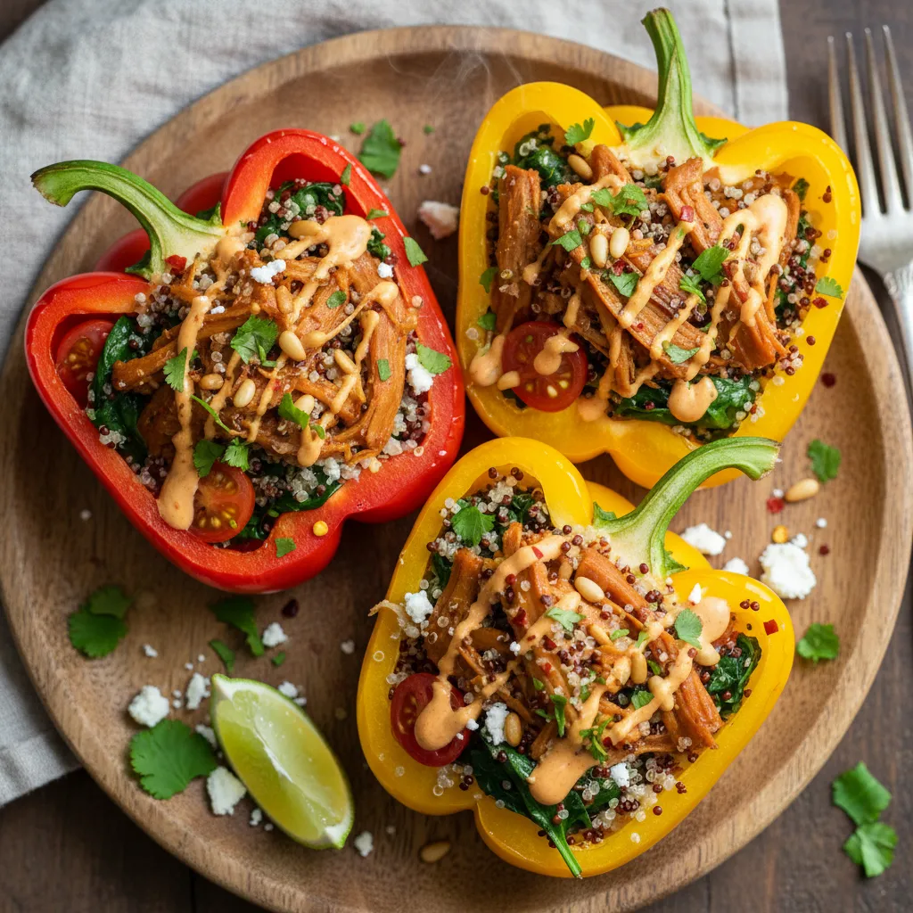 Savory Jackfruit and Spinach Quinoa Stuffed Peppers