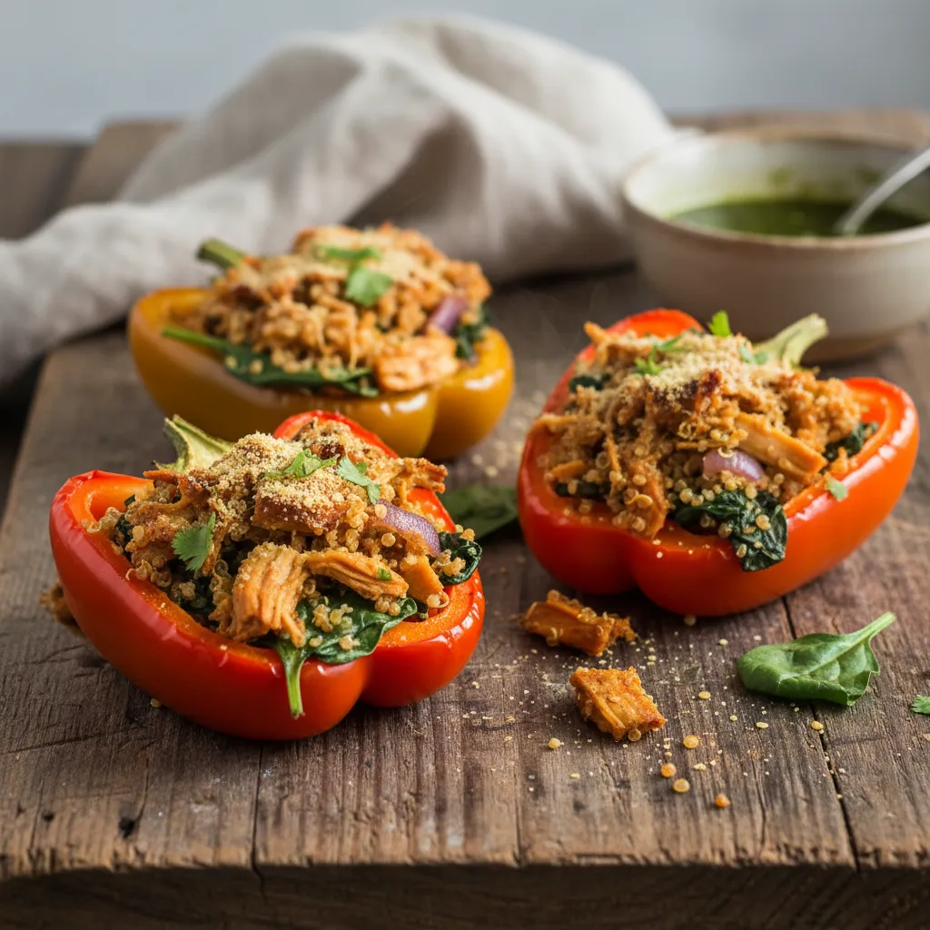 Savory Jackfruit and Spinach Quinoa Stuffed Peppers