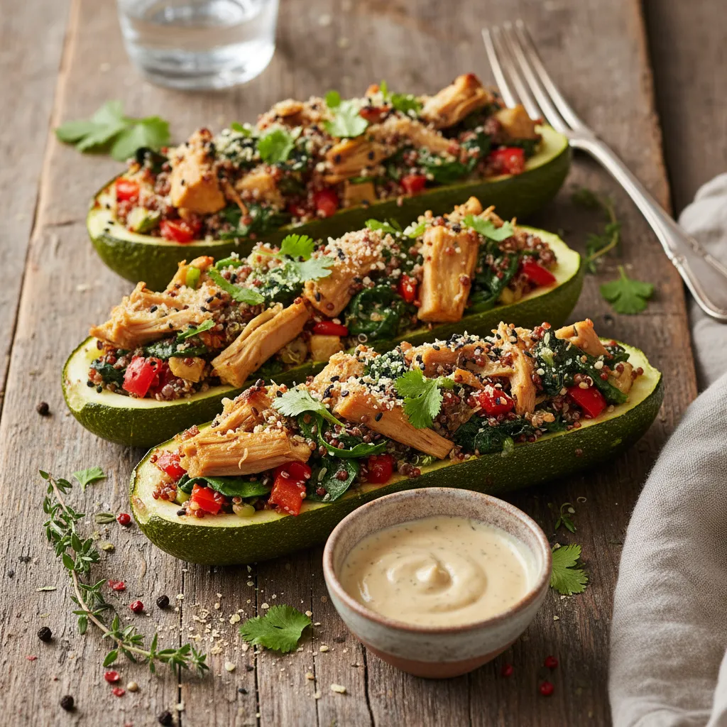 Savory Jackfruit and Spinach Quinoa Stuffed Zucchini Boats