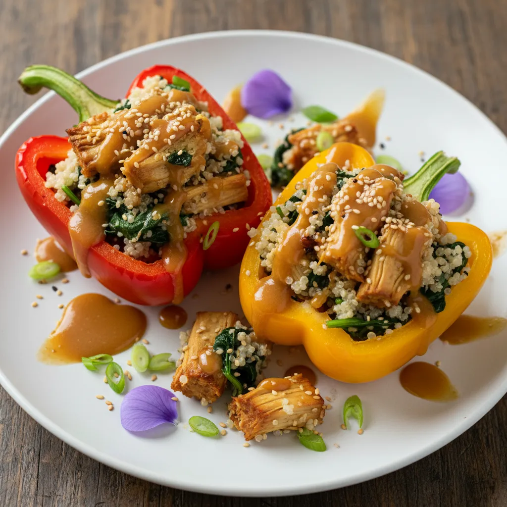 Savory Jackfruit and Spinach Stuffed Bell Peppers with Quinoa and Miso Drizzle