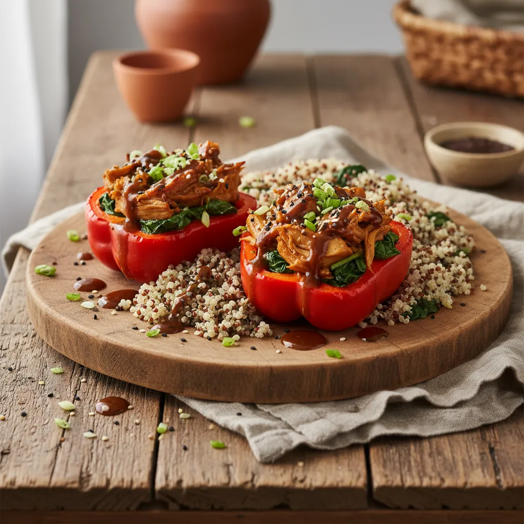 Savory Jackfruit and Spinach Stuffed Bell Peppers with Quinoa and Miso Drizzle