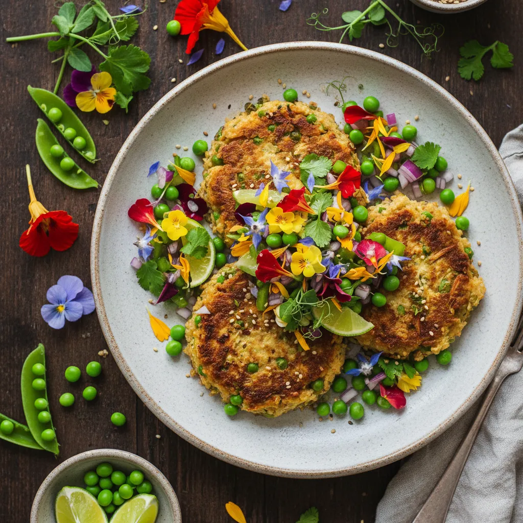 Savory Jackfruit and Spring Pea Quinoa Cakes with Edible Flower Salsa