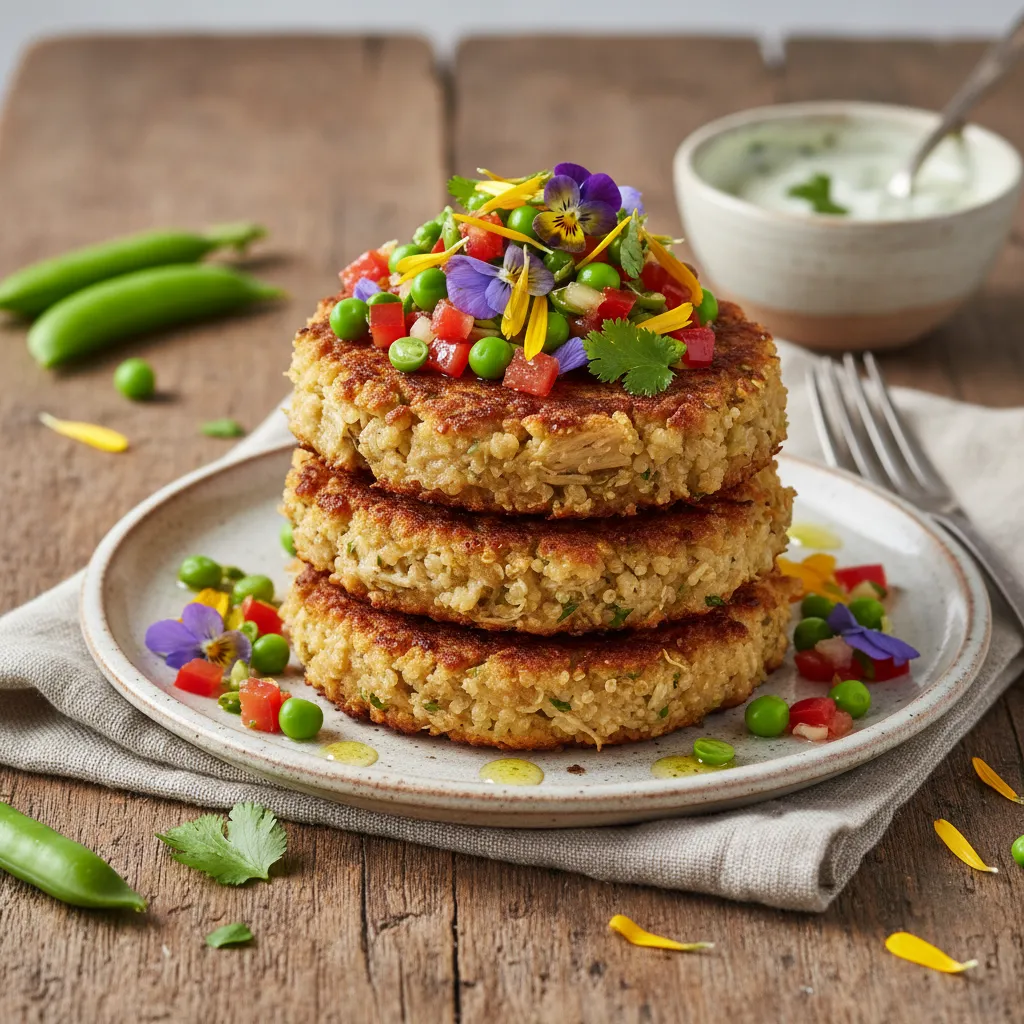 Savory Jackfruit and Spring Pea Quinoa Cakes with Edible Flower Salsa