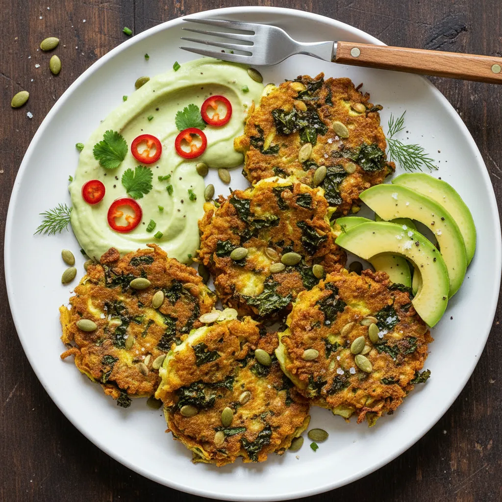 Savory Kale and Pumpkin Seed Zucchini Fritters with Avocado Cream