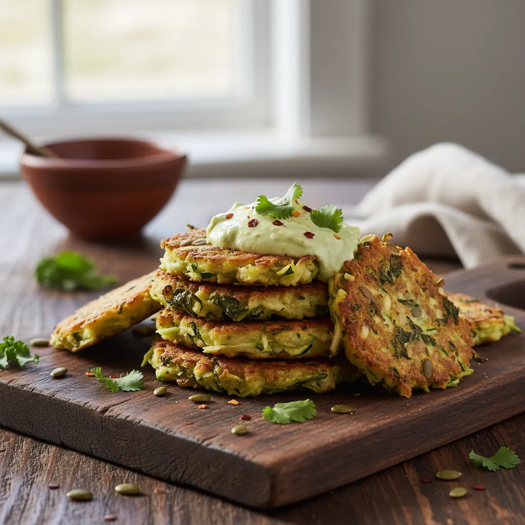 Savory Kale and Pumpkin Seed Zucchini Fritters with Avocado Cream