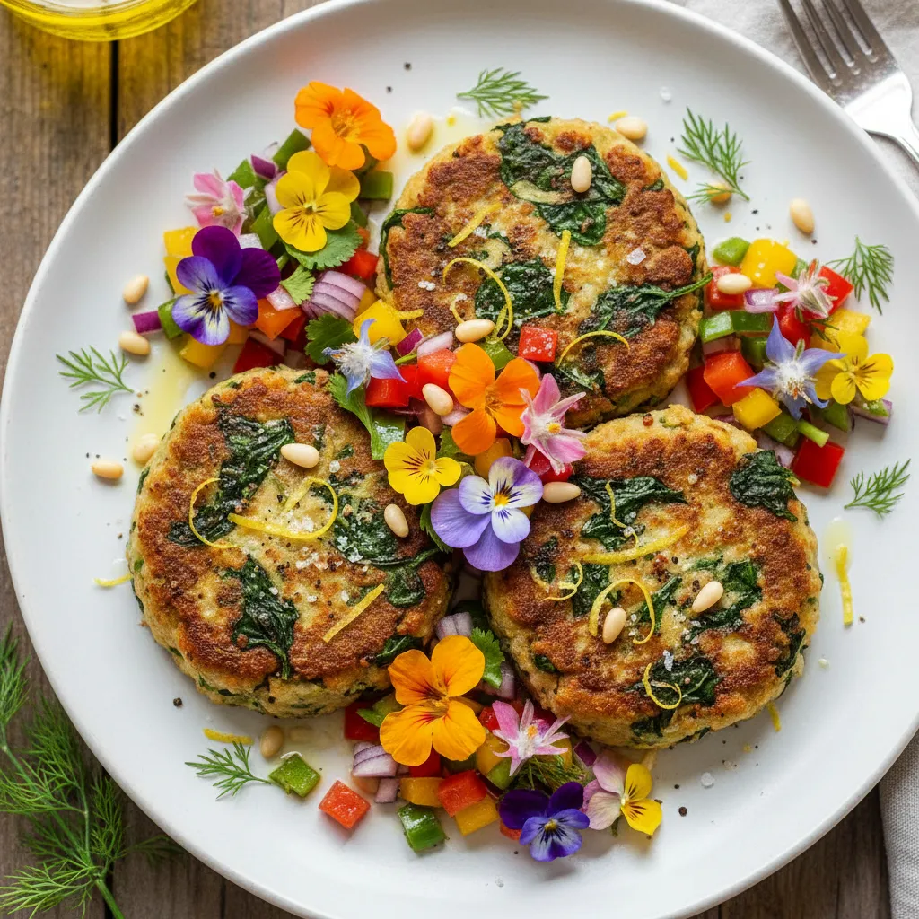 Savory Lemon-Infused Quinoa Patties with Spinach and Edible Flower Salsa
