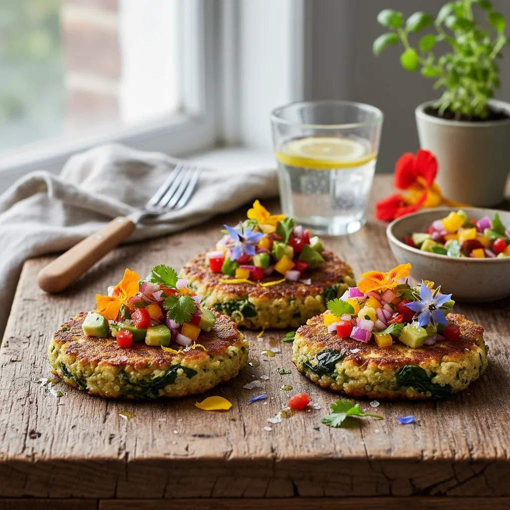 Savory Lemon-Infused Quinoa Patties with Spinach and Edible Flower Salsa