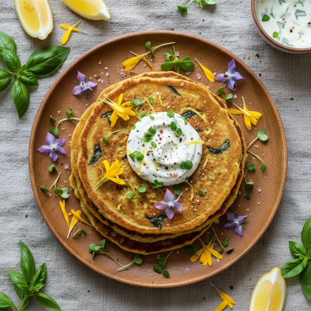 Savory Lemon Basil Chickpea Flour Pancakes with Edible Flower Garnish