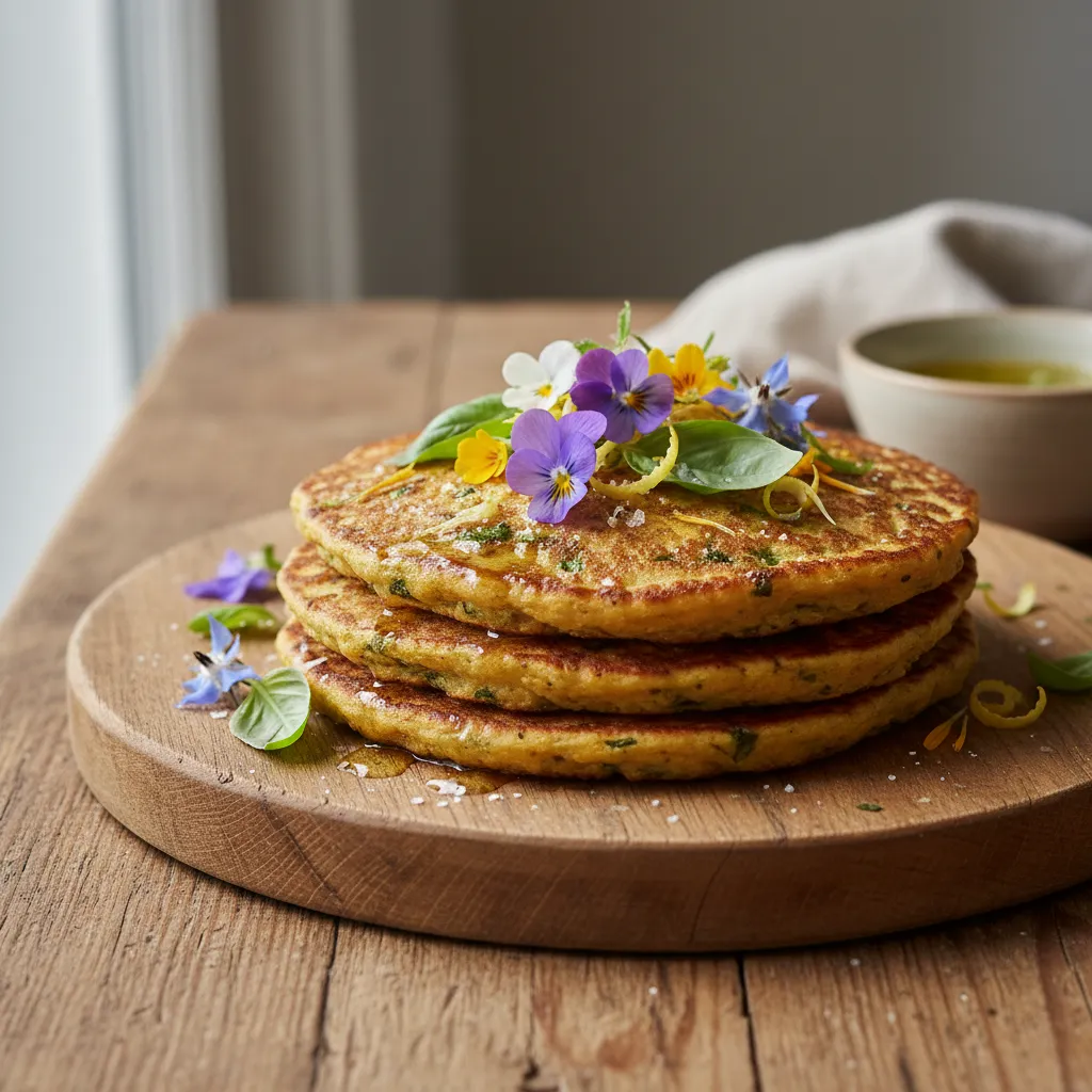 Savory Lemon Basil Chickpea Flour Pancakes with Edible Flower Garnish