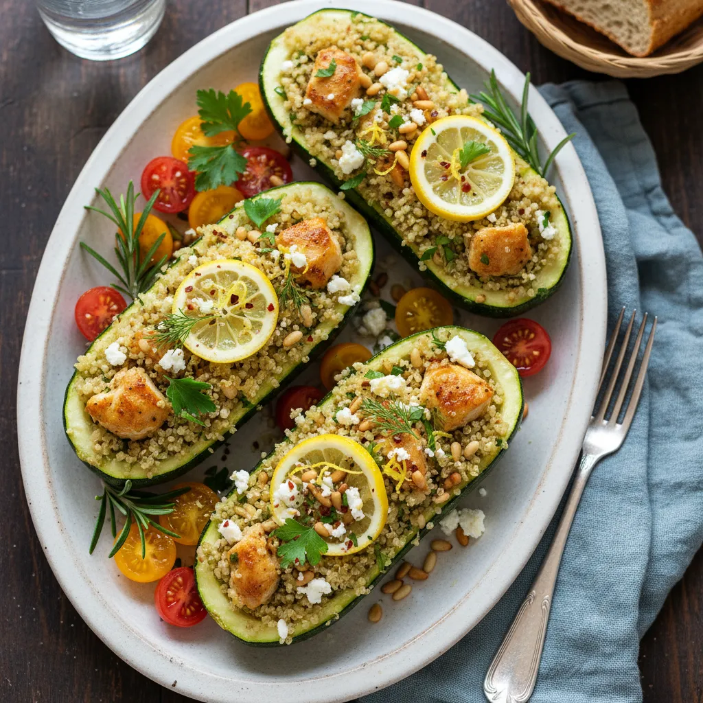 Savory Lemon Herb Quinoa-Stuffed Zucchini Boats