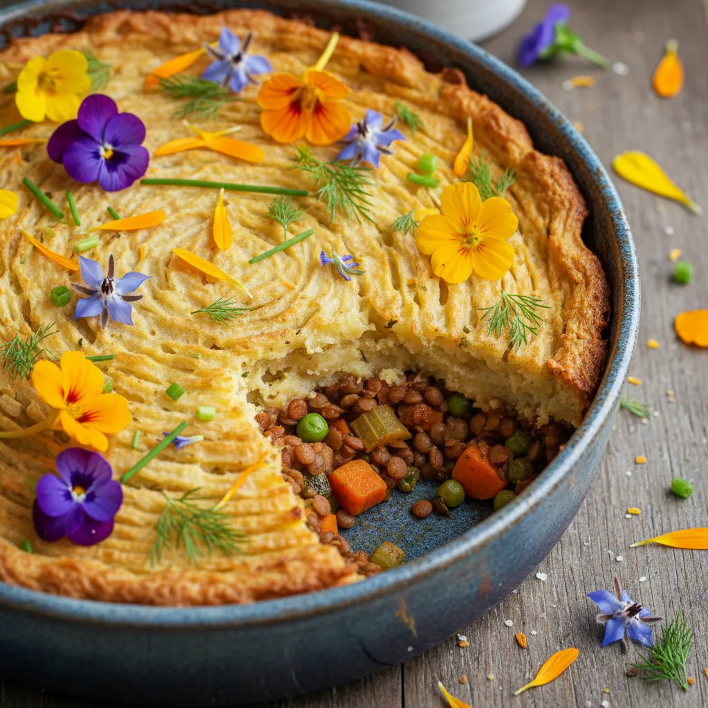 Savory Lentil & Sunchoke Shepherd's Pie with Edible Flowers