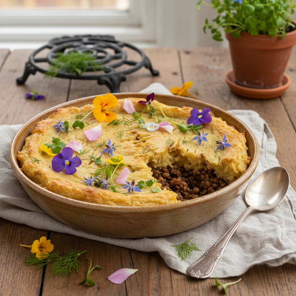 Savory Lentil & Sunchoke Shepherd&rsquo;s Pie with Edible Flowers