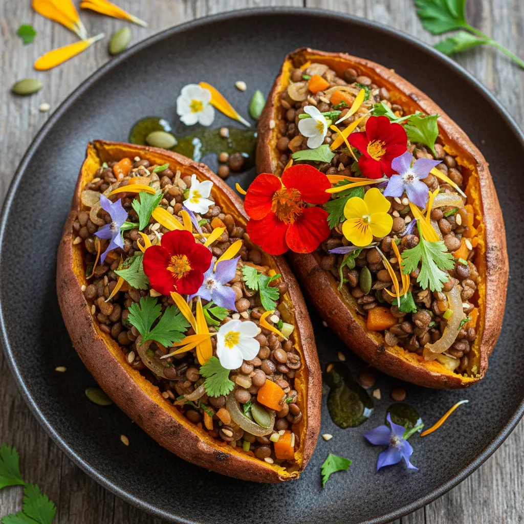 Savory Lentil and Edible Flower Stuffed Sweet Potatoes