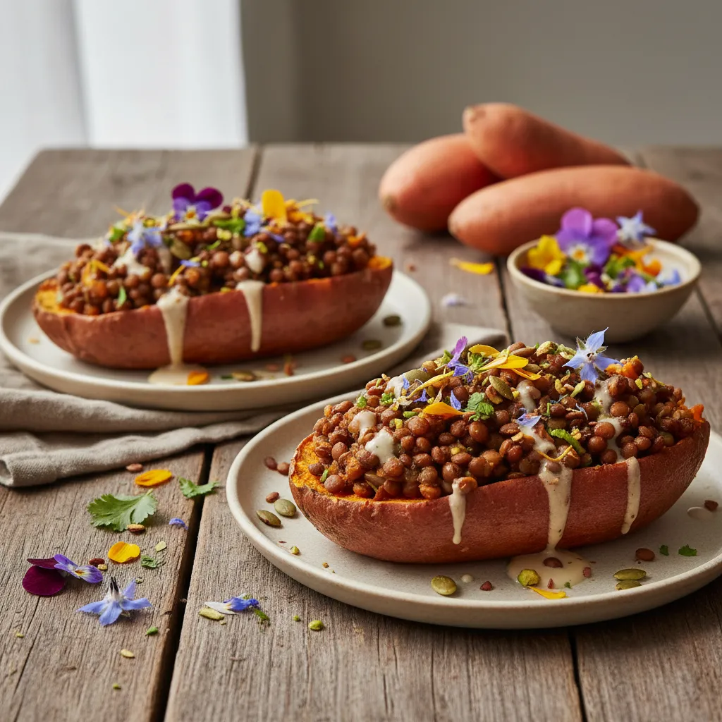 Savory Lentil and Edible Flower Stuffed Sweet Potatoes