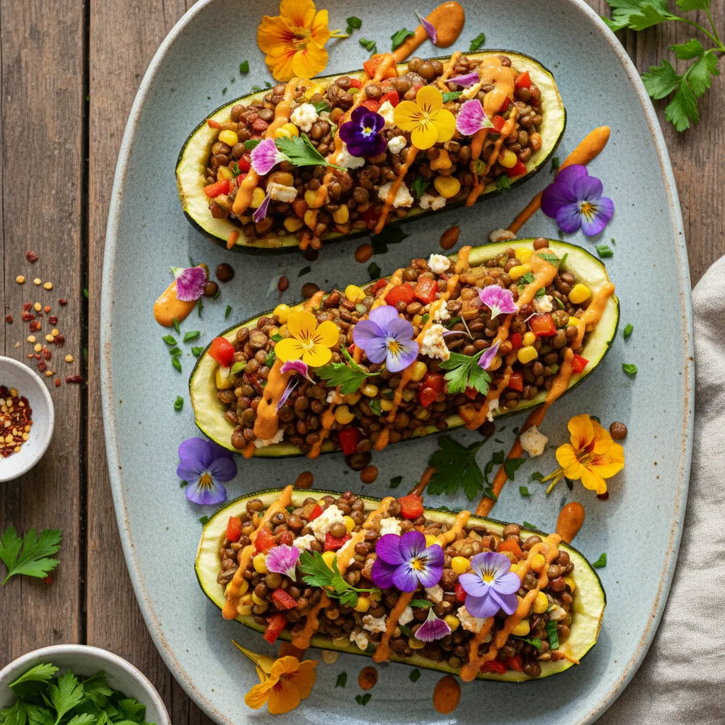 Savory Lentil and Edible Flower Stuffed Zucchini Boats
