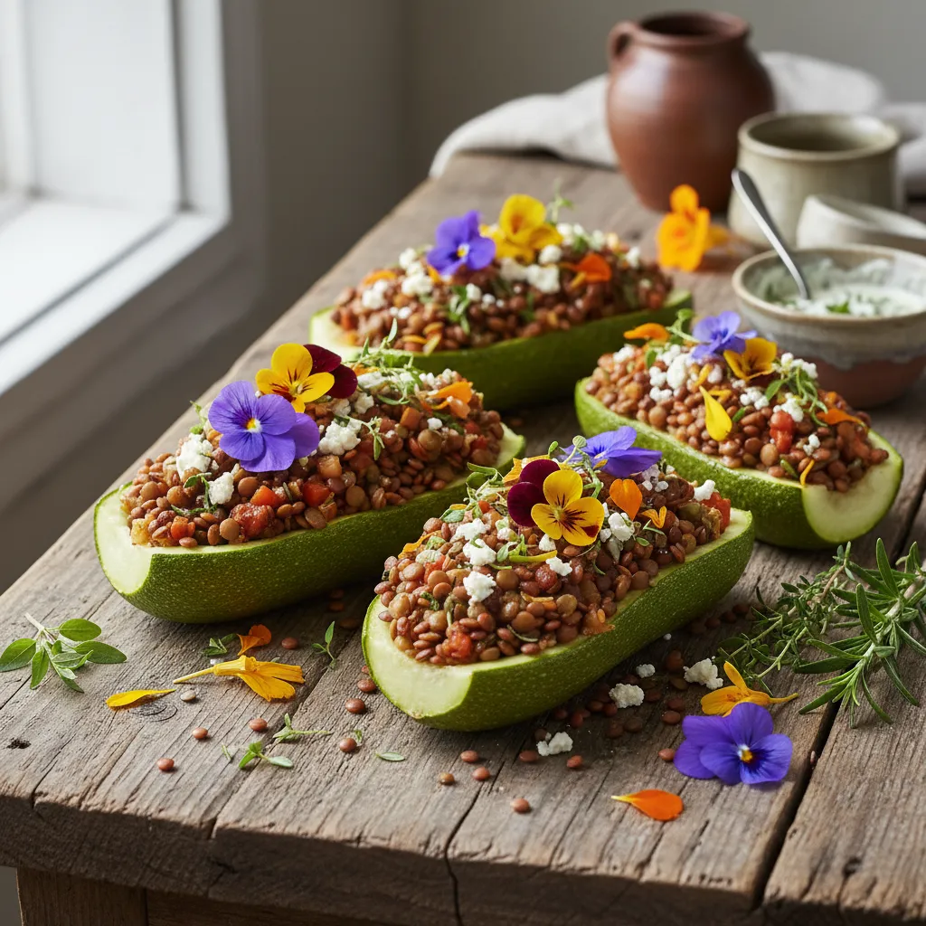 Savory Lentil and Edible Flower Stuffed Zucchini Boats