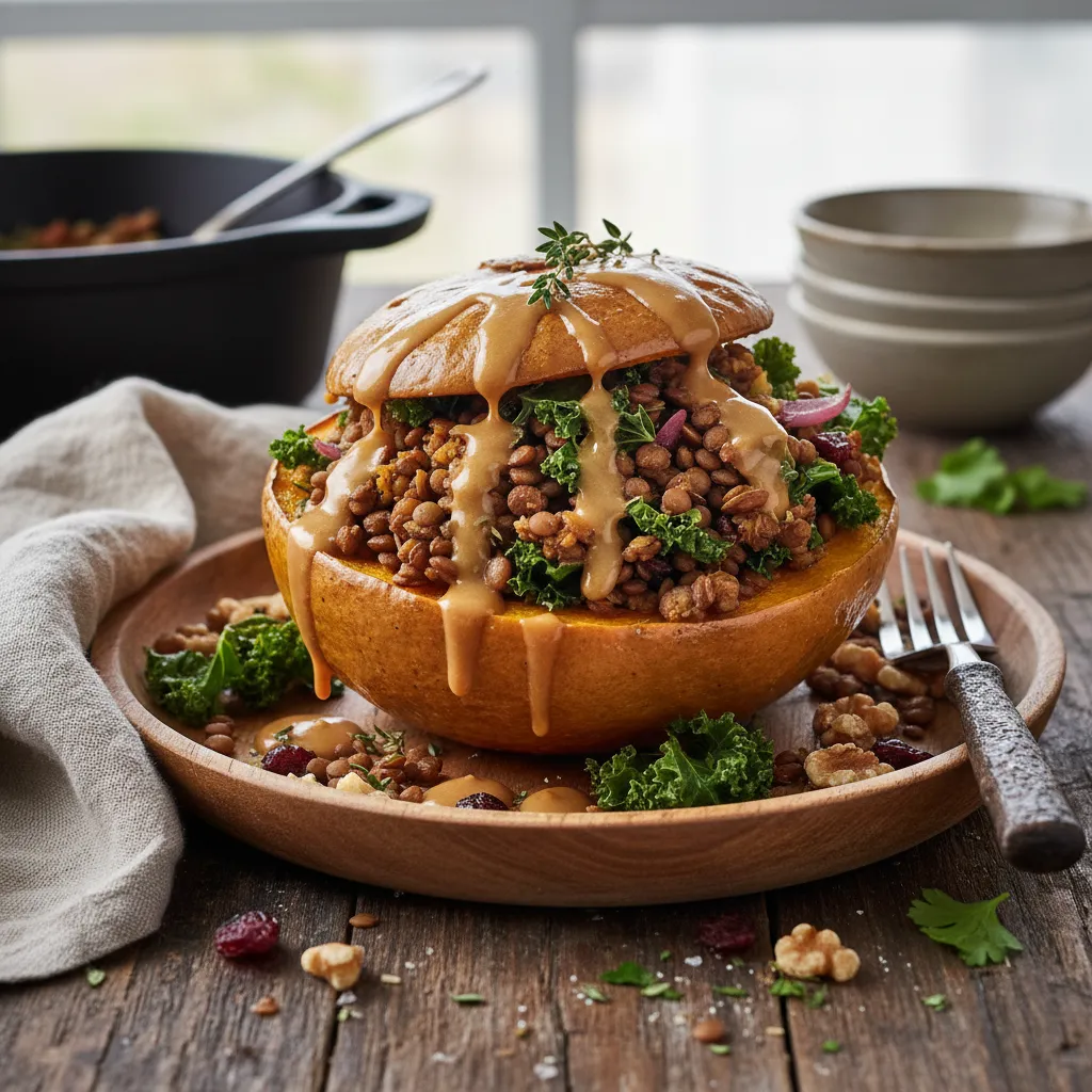 Savory Lentil and Kale Stuffed Acorn Squash with Maple Tahini Drizzle