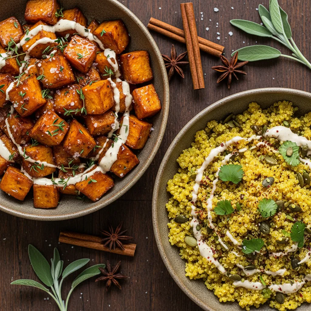 Savory Maple-Cinnamon Sweet Potato and Turmeric Quinoa Bowls