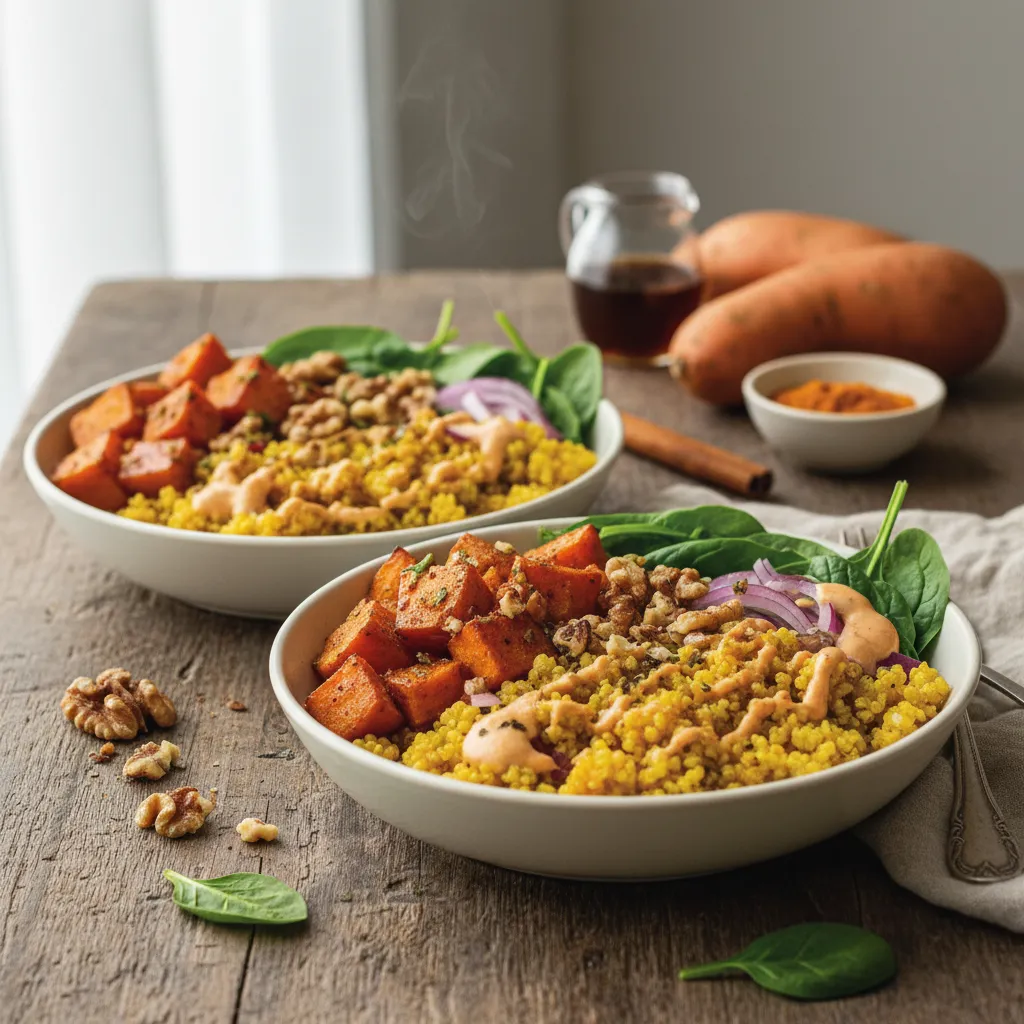 Savory Maple-Cinnamon Sweet Potato and Turmeric Quinoa Bowls