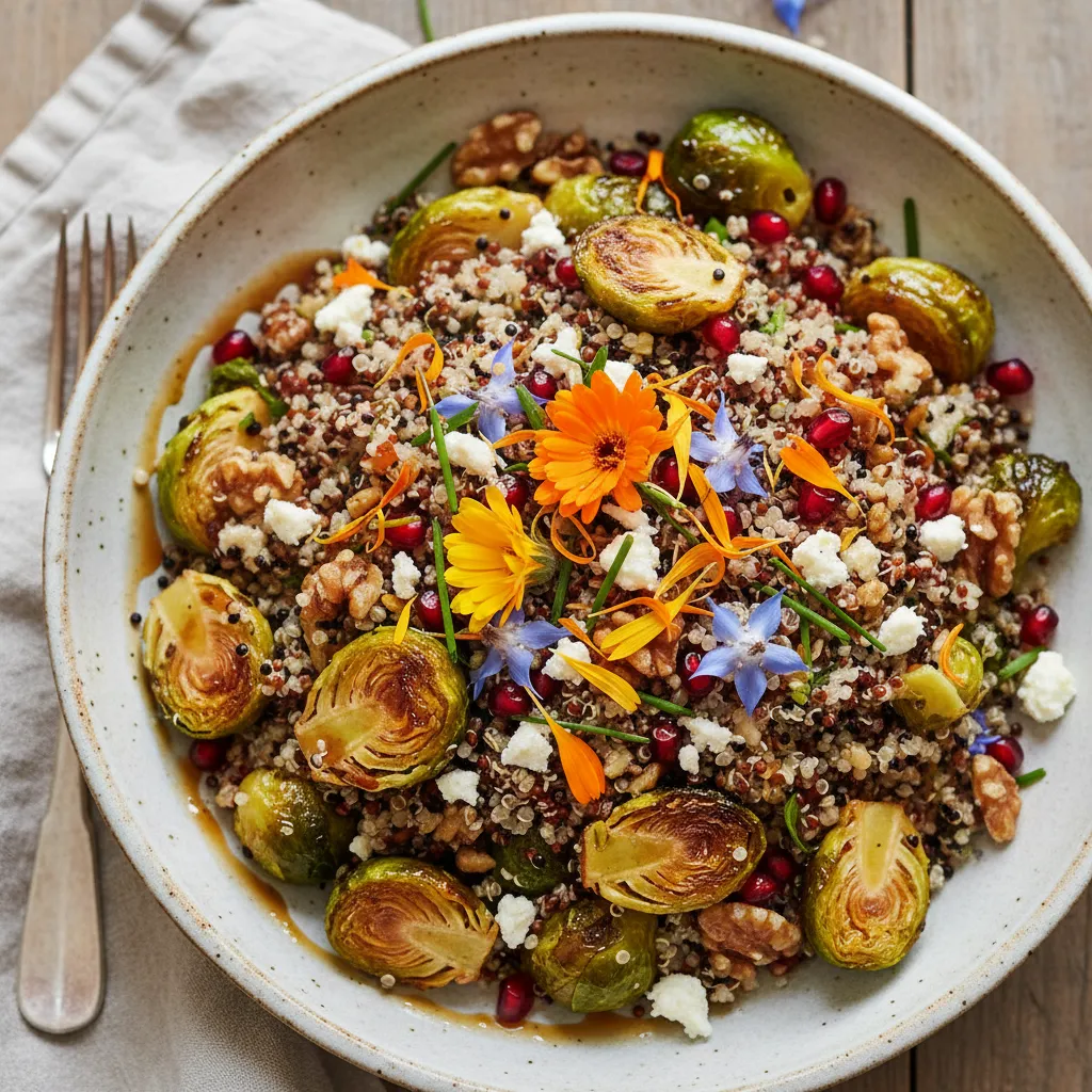 Savory Maple-Infused Brussels Sprouts and Quinoa Salad with Edible Flowers