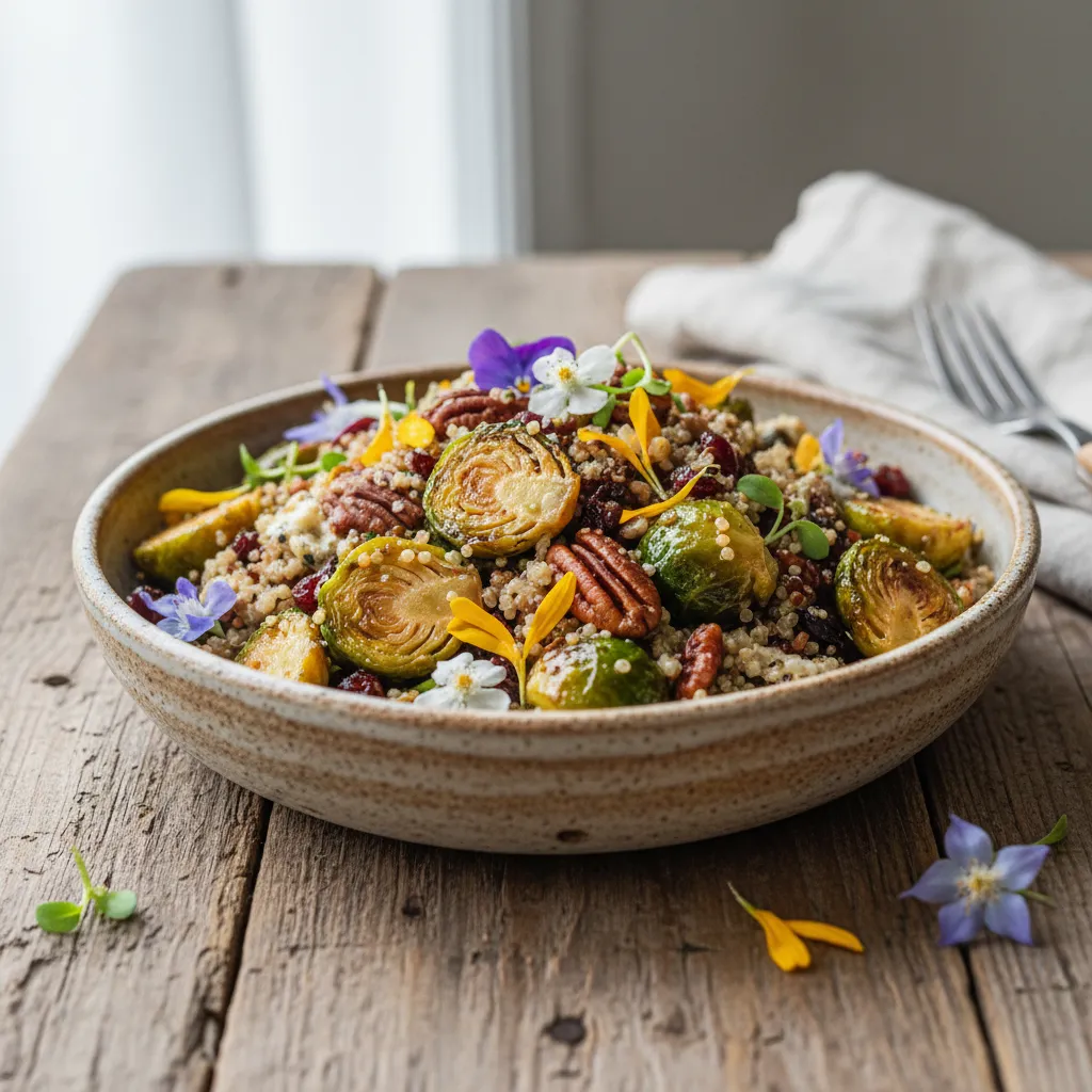 Savory Maple-Infused Brussels Sprouts and Quinoa Salad with Edible Flowers