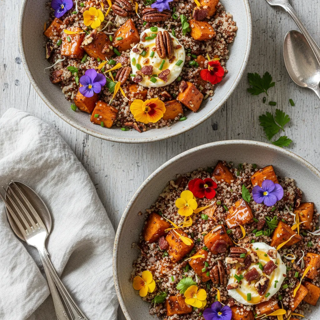 Savory Maple-Infused Sweet Potato and Quinoa Bowls with Edible Flowers