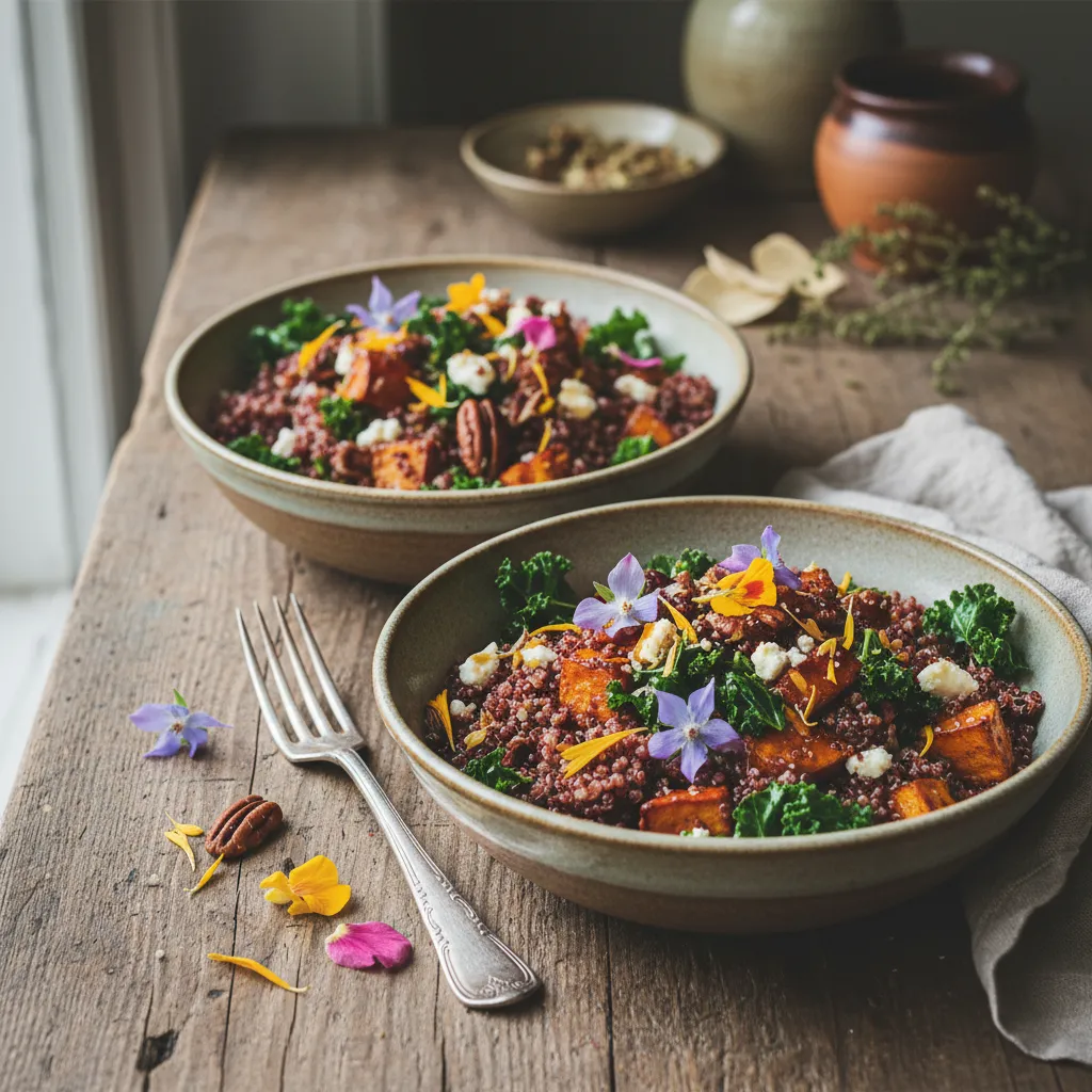 Savory Maple-Infused Sweet Potato and Quinoa Bowls with Edible Flowers