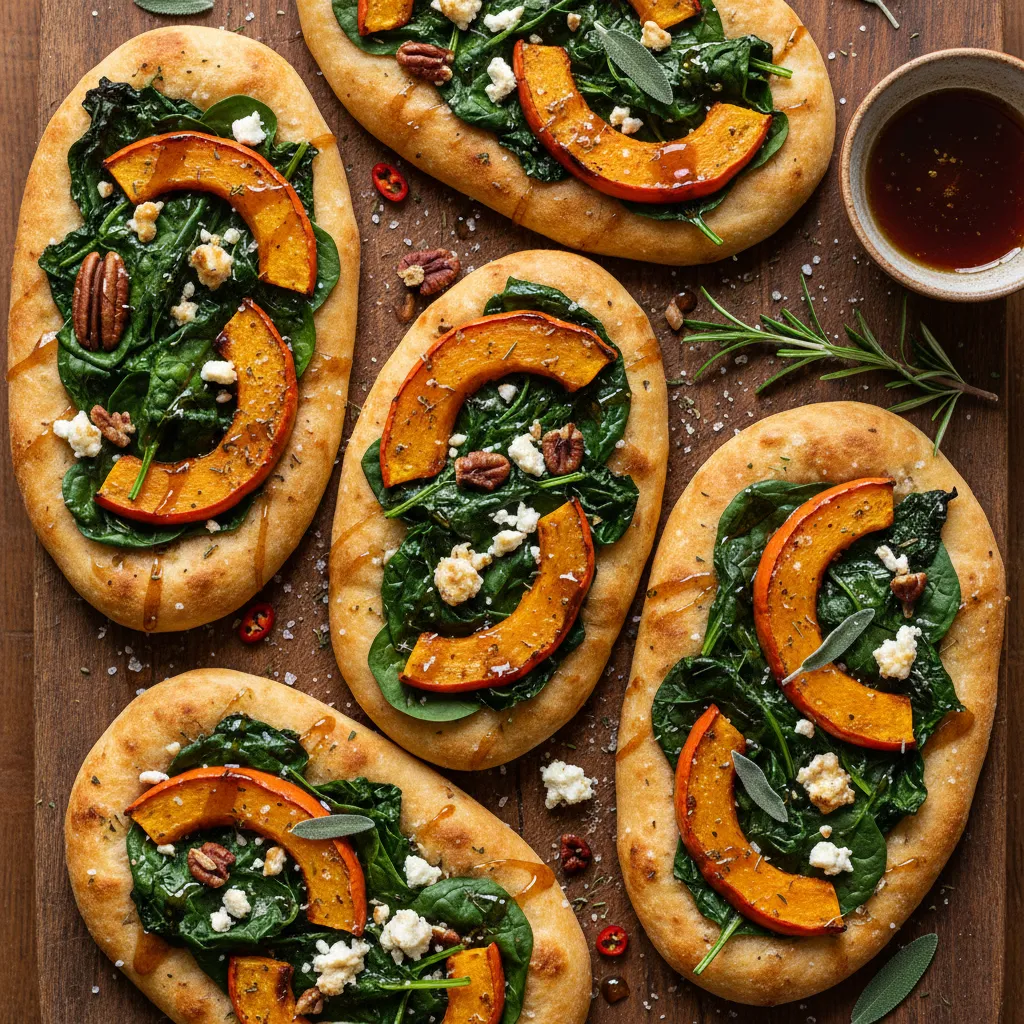 Savory Maple-Roasted Pumpkin and Spinach Flatbreads