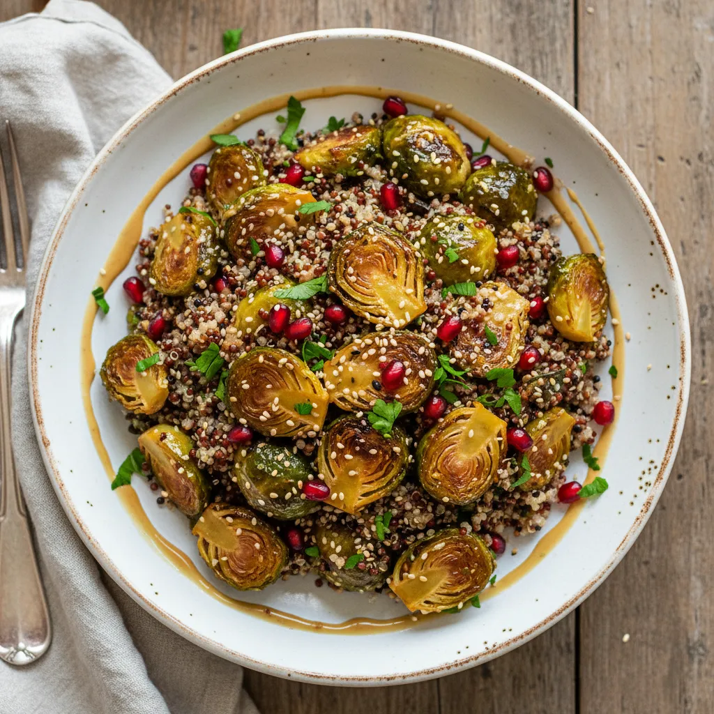 Savory Maple-Tahini Roasted Brussels Sprouts with Quinoa