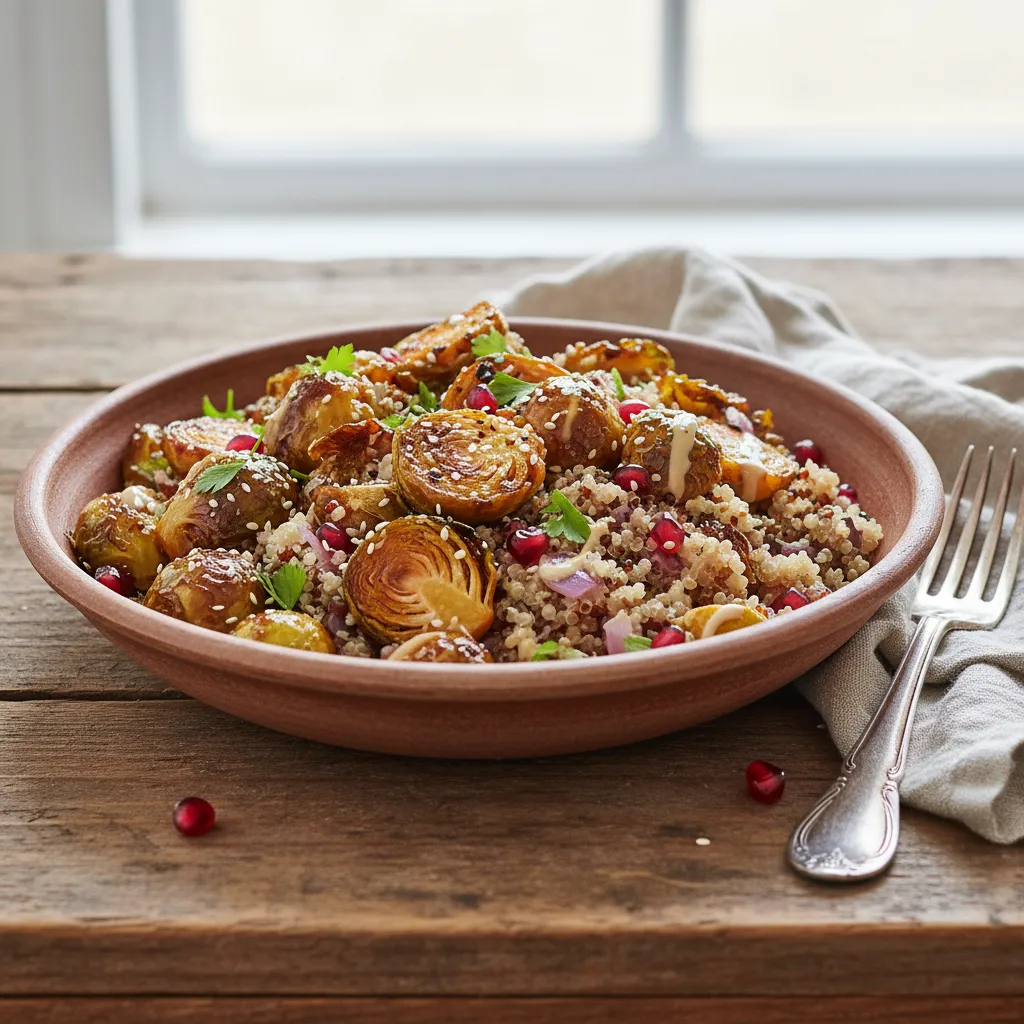 Savory Maple-Tahini Roasted Brussels Sprouts with Quinoa