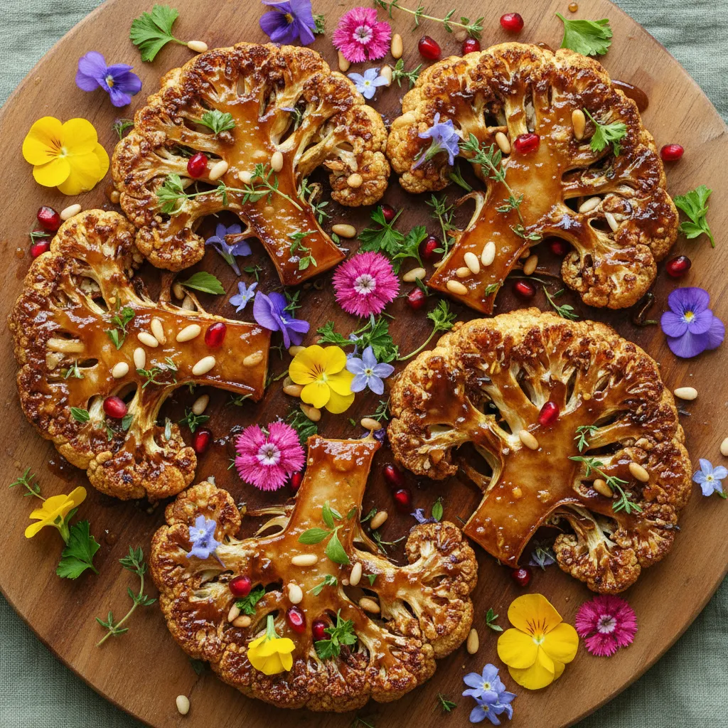 Savory Maple Balsamic Roasted Cauliflower Steaks with Edible Flowers