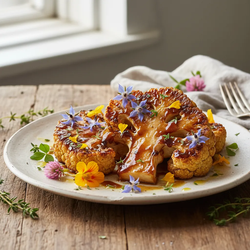 Savory Maple Balsamic Roasted Cauliflower Steaks with Edible Flowers