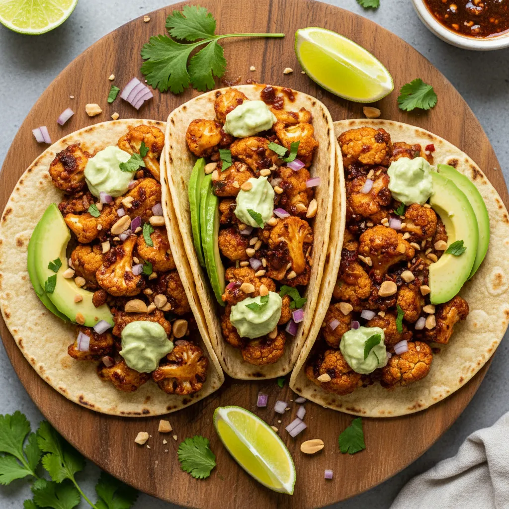 Savory Maple Chipotle Cauliflower Tacos with Avocado Cream