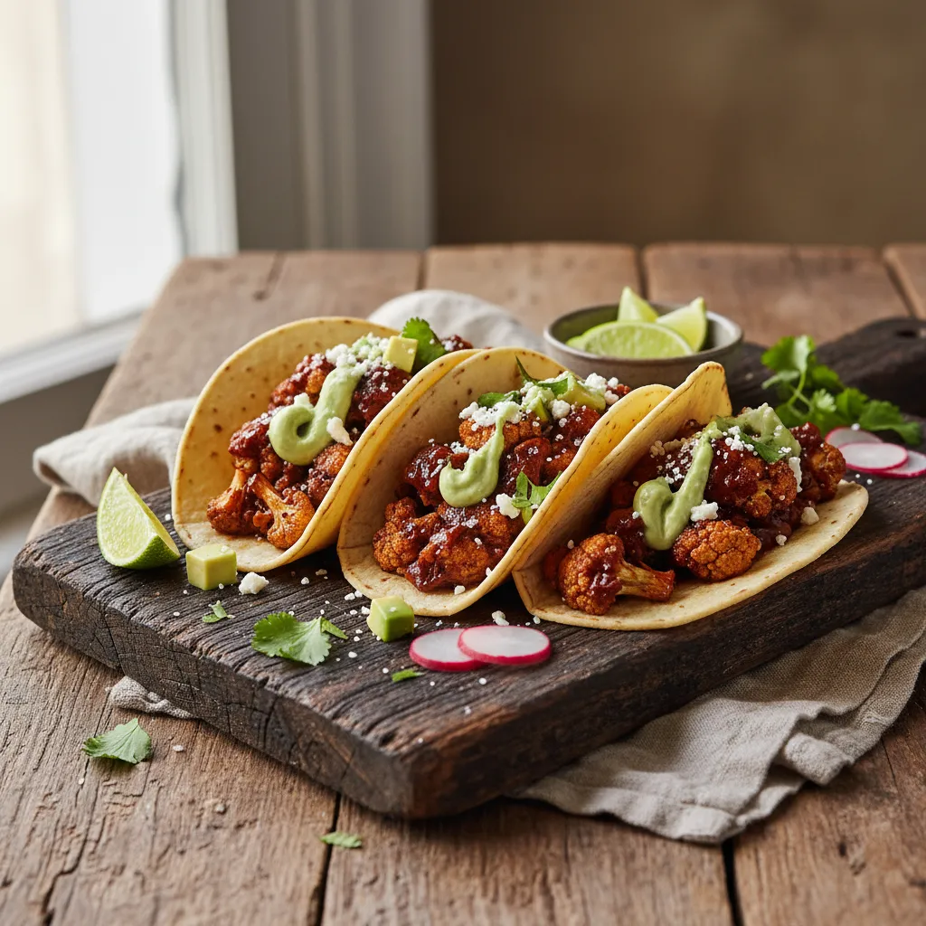 Savory Maple Chipotle Cauliflower Tacos with Avocado Cream